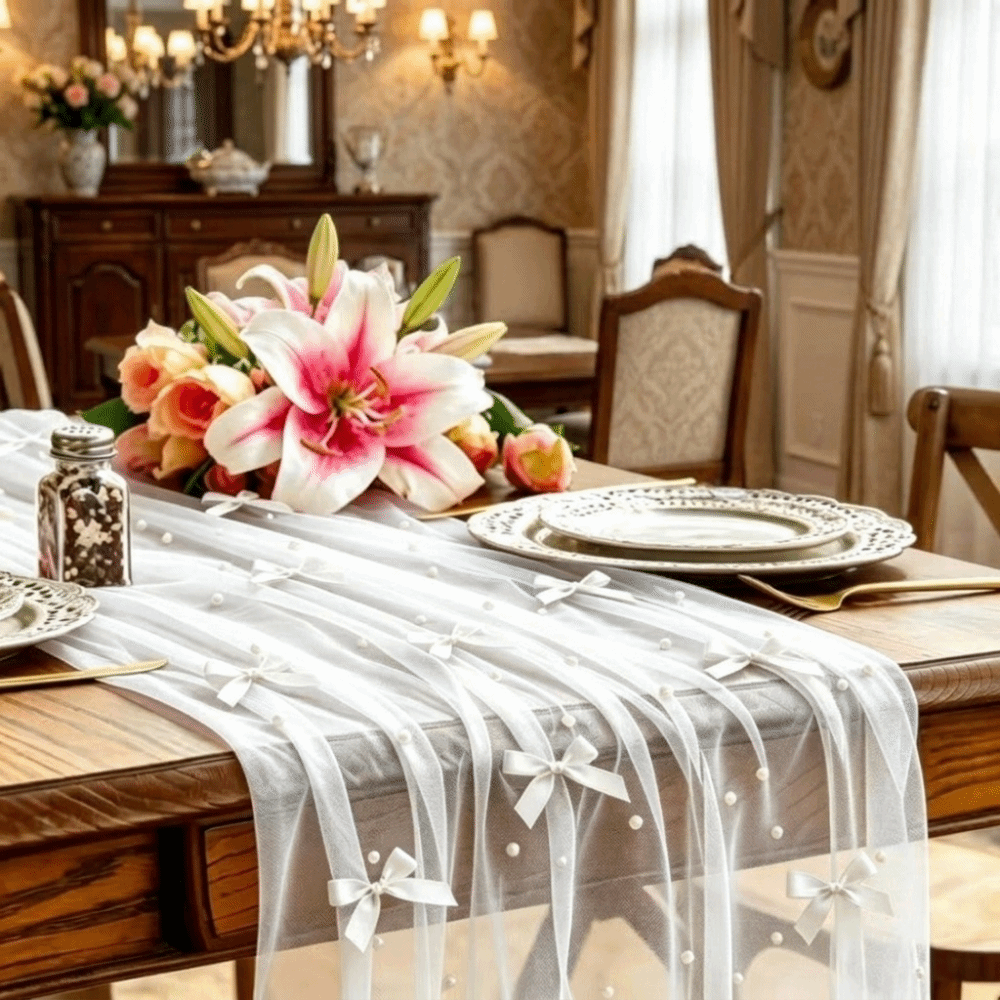 Romantic Bow Pearl Chiffon Run - Christmas Table Runner 评论和价格